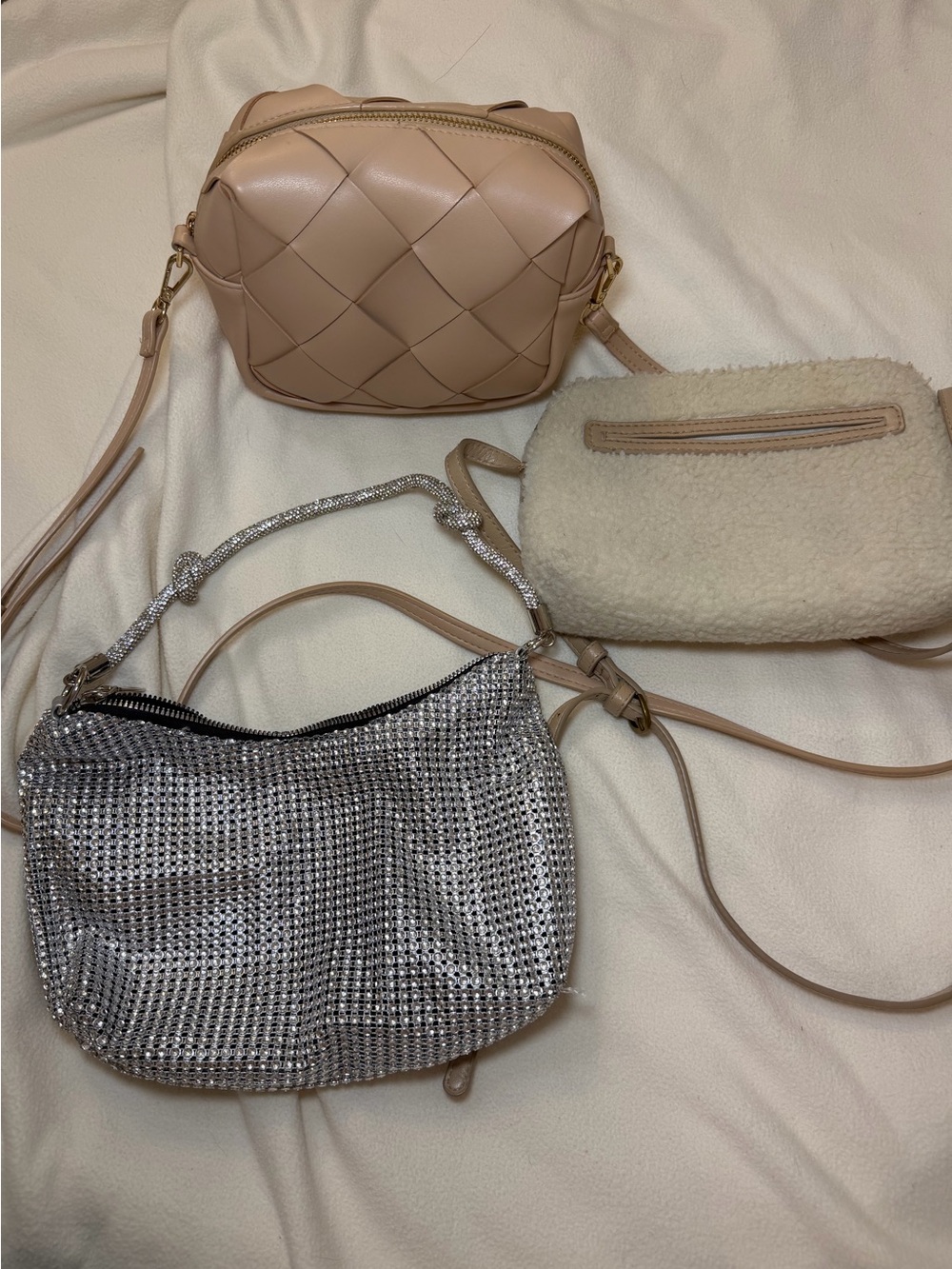 3 Piece Purse Bundle | Woven Crossbody, Sherpa Bag & Rhinestone Shoulder Bag